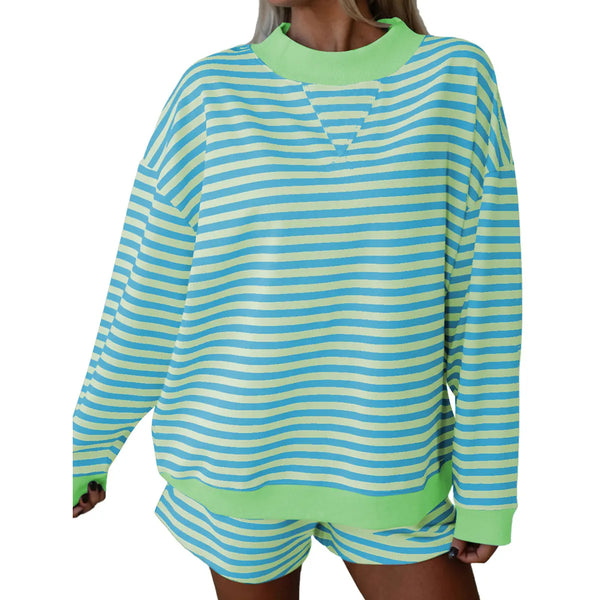 Women Contrast Collar Cuff Striped Long Sleeve Top & Shorts Loungewear Set