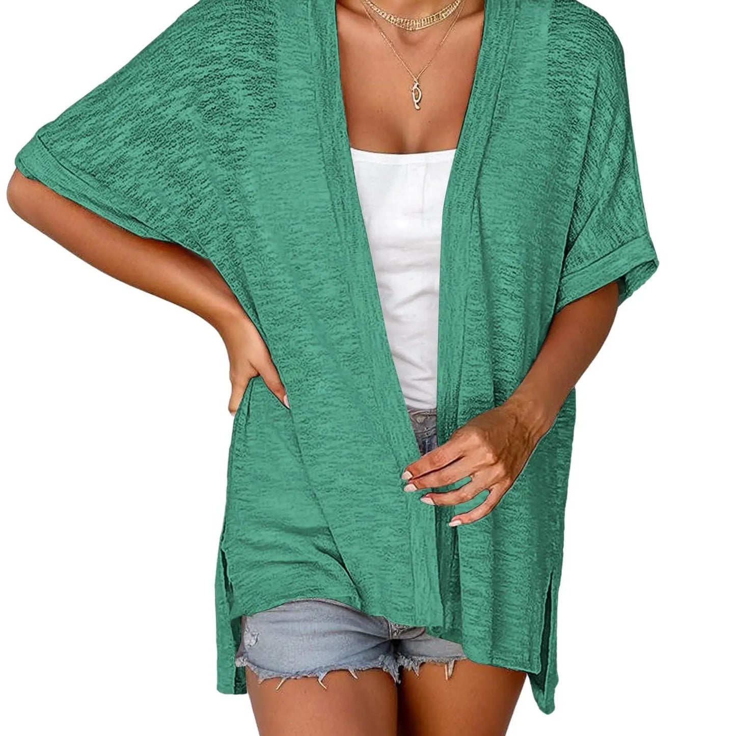 Slub Knit Open Front Roll Cuff Short Sleeve Side Slit Lightweight Cardigan