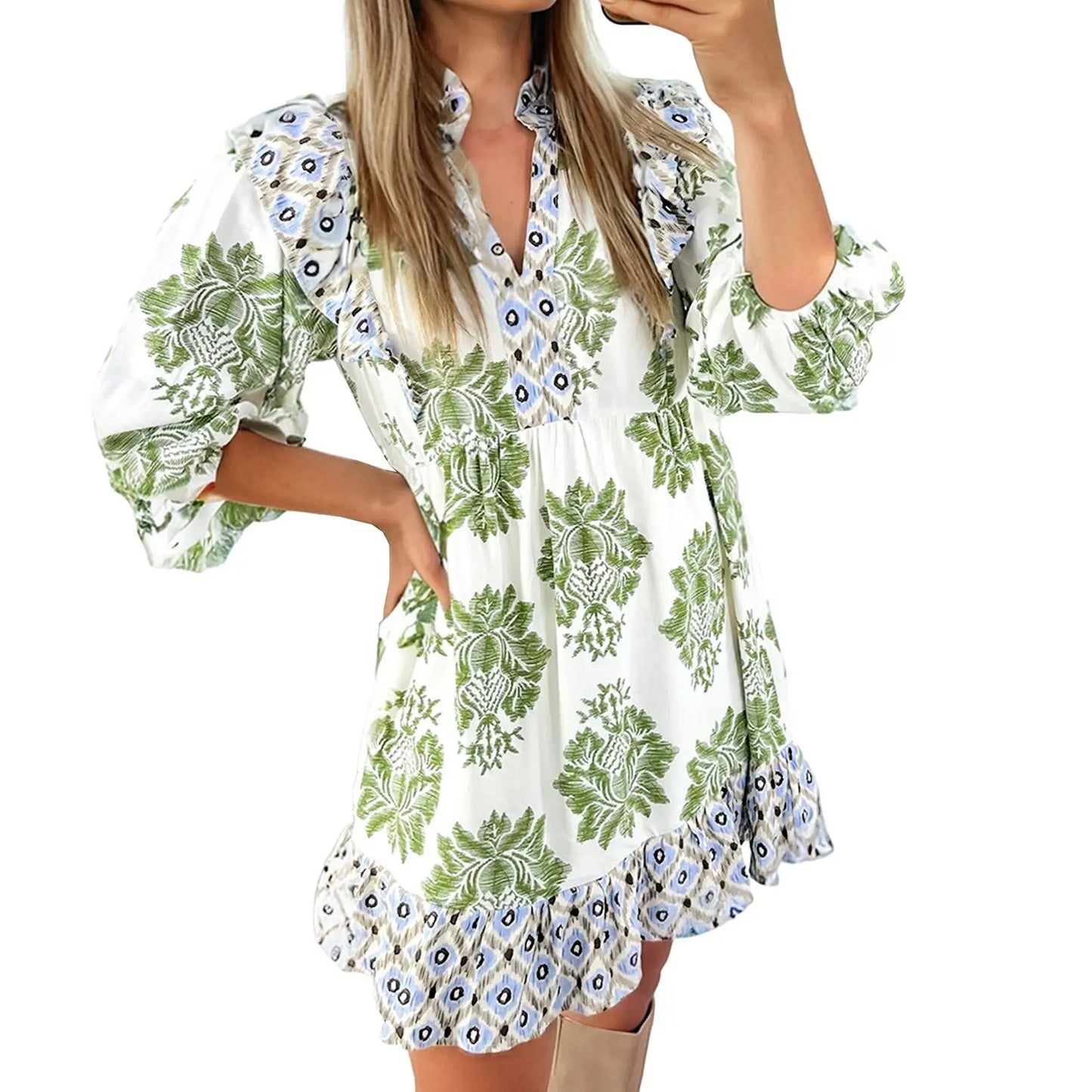 Women Puff Sleeve Ruffled Patchwork Printed V Neck Mini Dress with Pockets