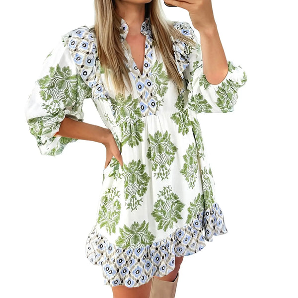 Women Puff Sleeve Ruffled Patchwork Printed V Neck Mini Dress with Pockets