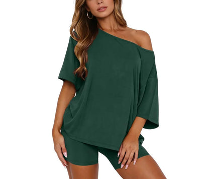 Off Shoulder Loose Top & High Waist Shorts Loungewear Set