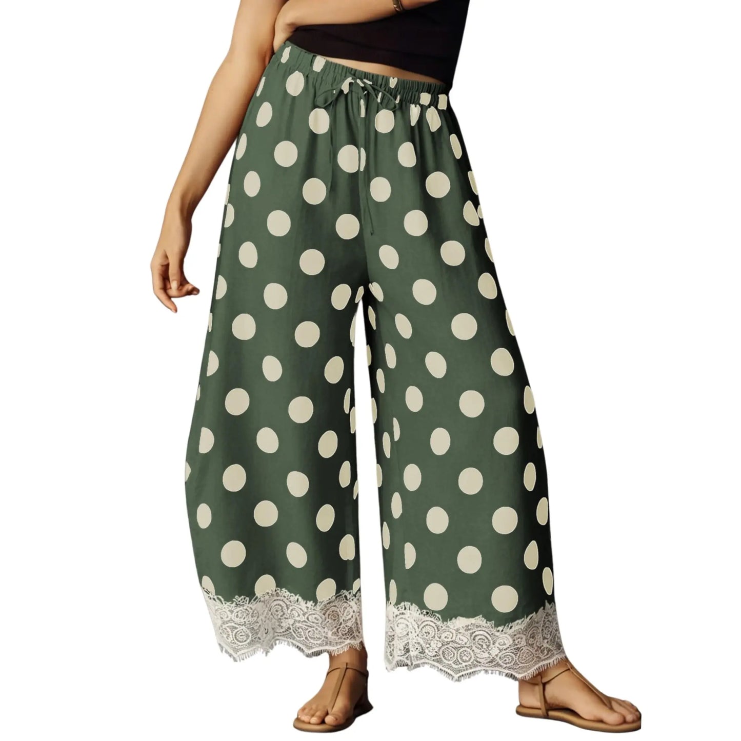 Polka Dot Lace Hem Elastic Waist Wide Leg Crop Pants