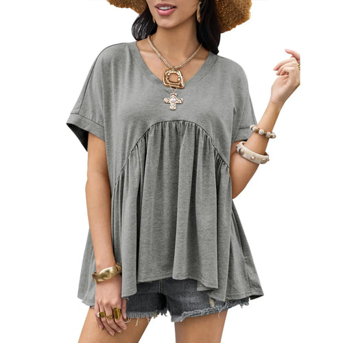 V Neck Ruffle Peplum Short Sleeve Tunic Top