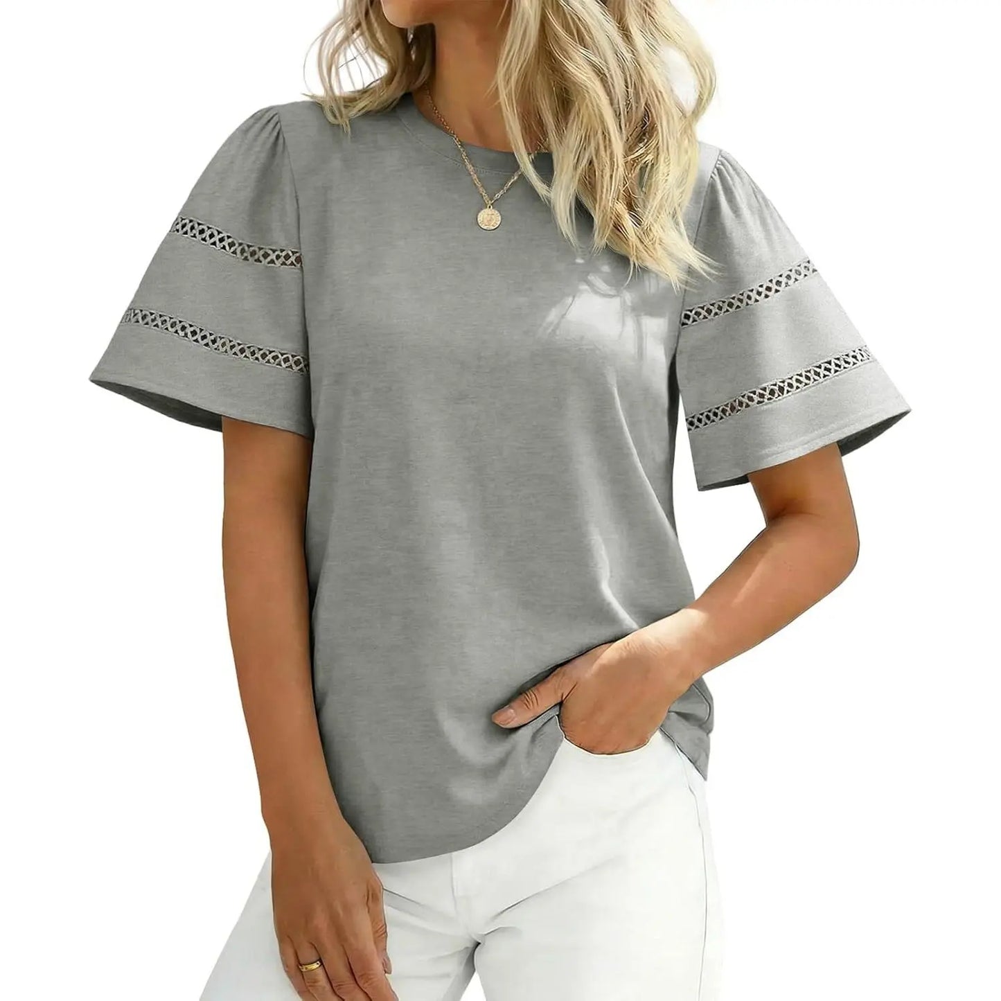 Round Neck Double Hollow Stripe Puff Short Sleeve Loose Basic Tee