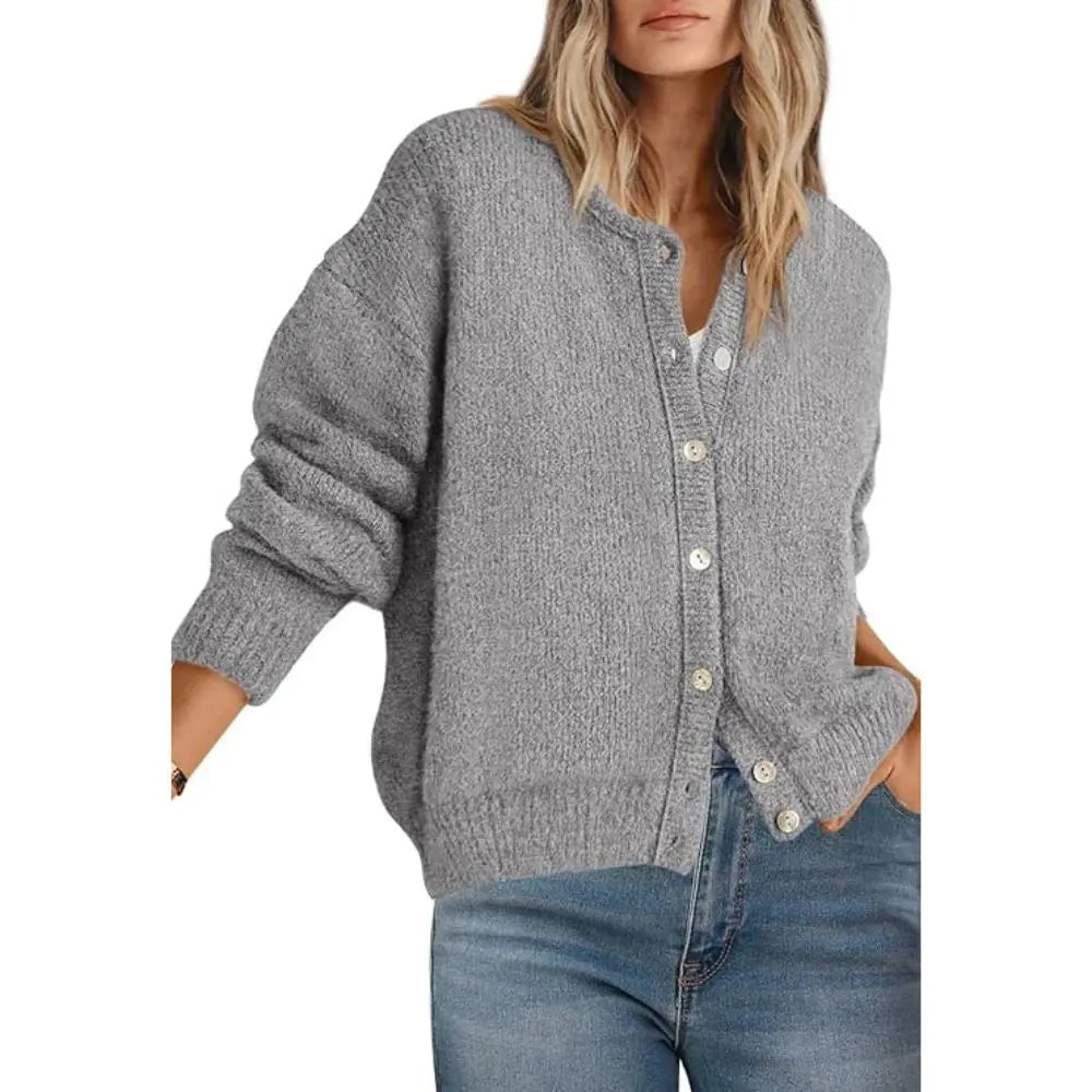Round Neck Button Long Sleeve Knit Cardigan