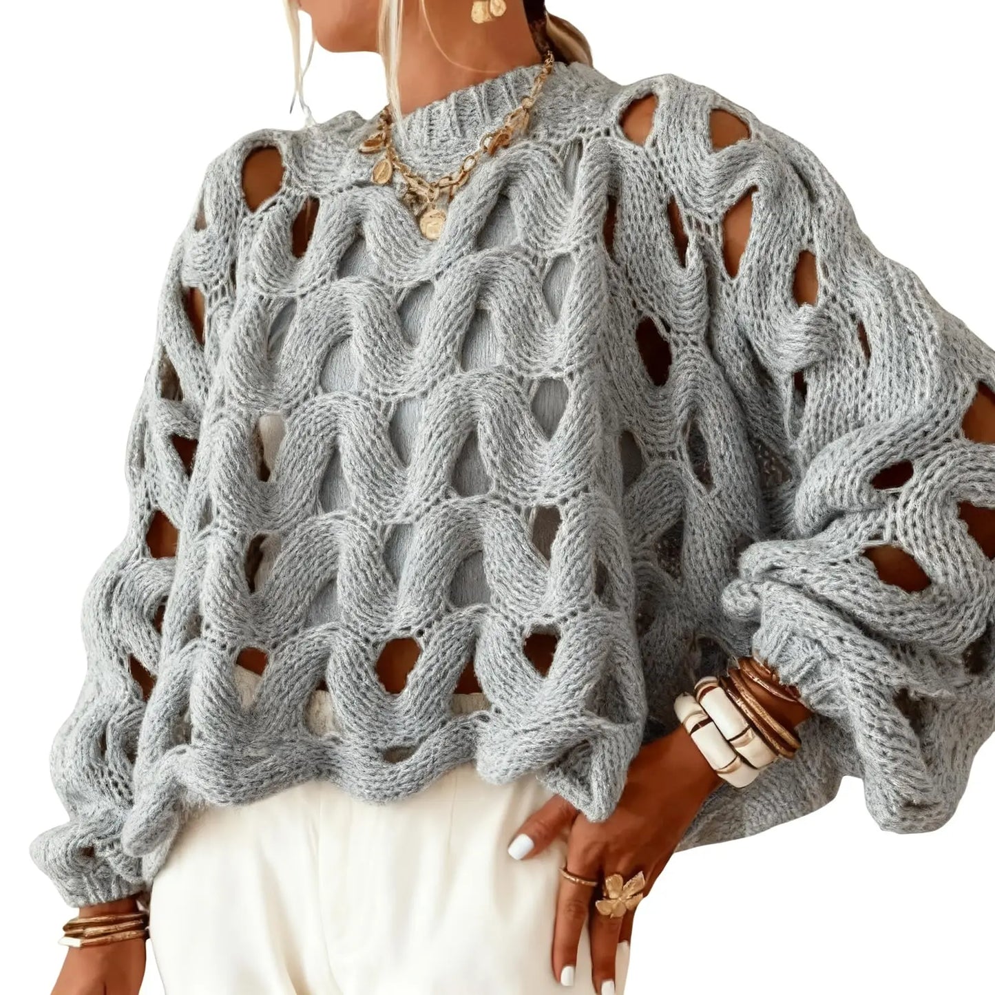 Women Boho Loose Balloon Sleeve Hollow Out Cable Knit Oversized Pullover Sweater Spring Autumn Layering Top