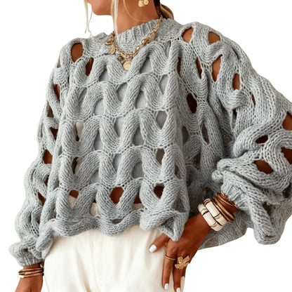 Women Boho Loose Balloon Sleeve Hollow Out Cable Knit Oversized Pullover Sweater Spring Autumn Layering Top