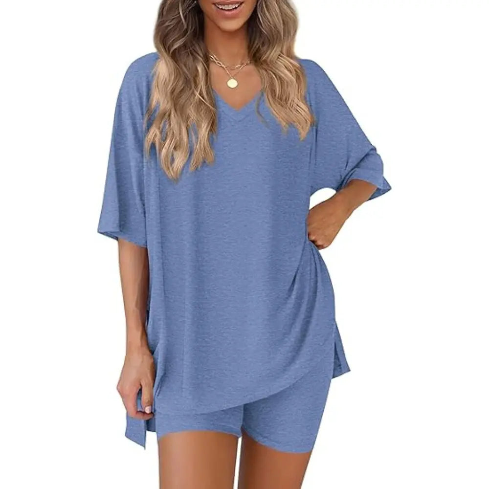 Buttery Soft Lounge Set for Women – Oversized V-Neck Tee & Matching Shorts