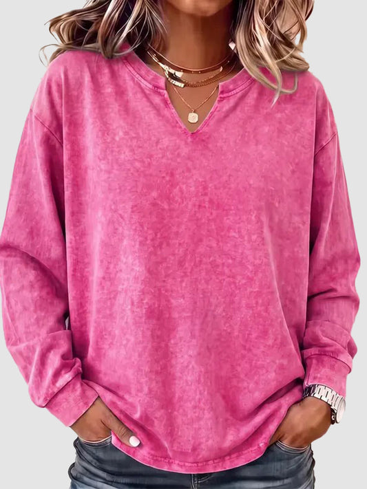 Vintage Washed Cotton Split V Neck Sweatshirt