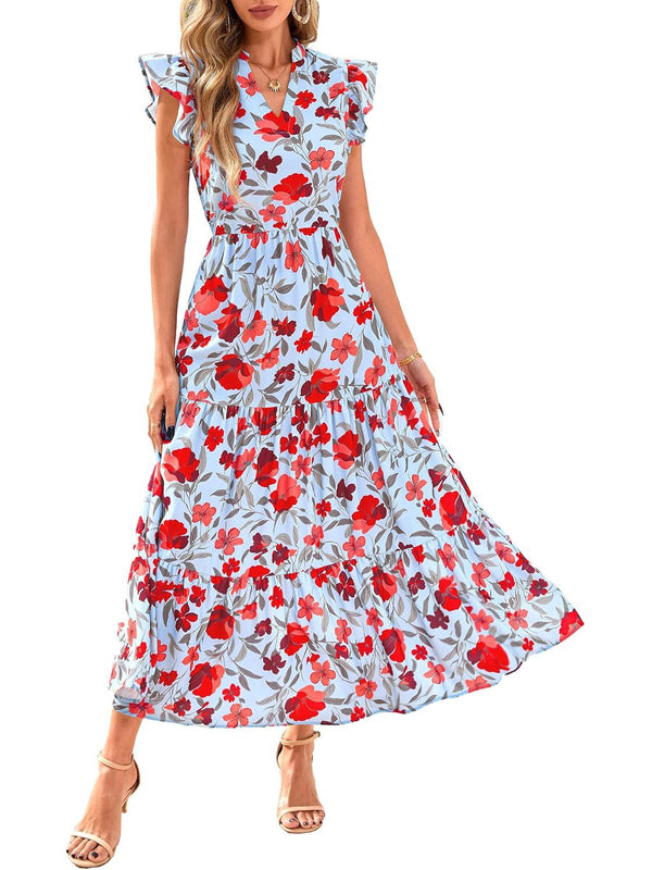 ⏰Hot Sale-Women's Boho Print V Neck Ruffle Maxi Dress