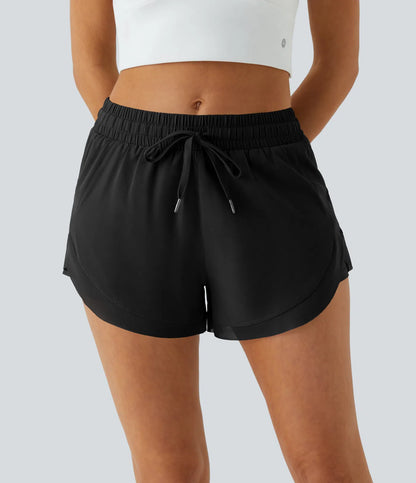 ✨Women Mid Rise Drawstring Contrast Mesh 2-in-1 Flowy Running Shorts 3''