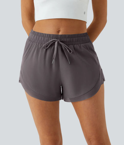 ✨Women Mid Rise Drawstring Contrast Mesh 2-in-1 Flowy Running Shorts 3''