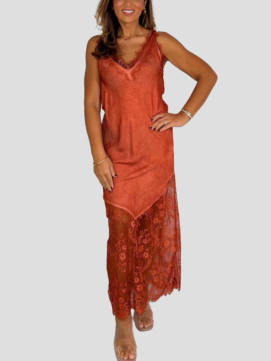 V-Neck Lace Trim Maxi Dress