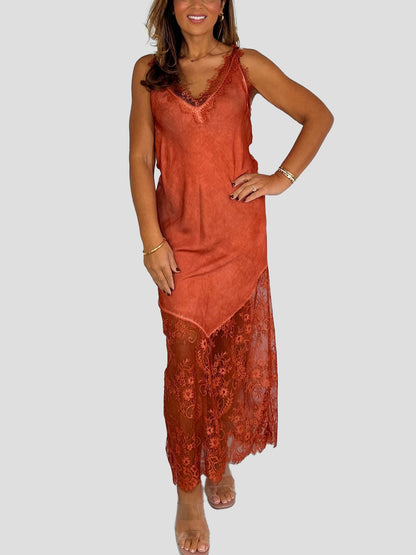 V-Neck Lace Trim Maxi Dress