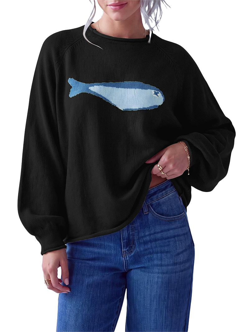 Fish Intarsia Knit Sweater Roll Edge Mock Neck Lantern Long Sleeve Loose Pullover