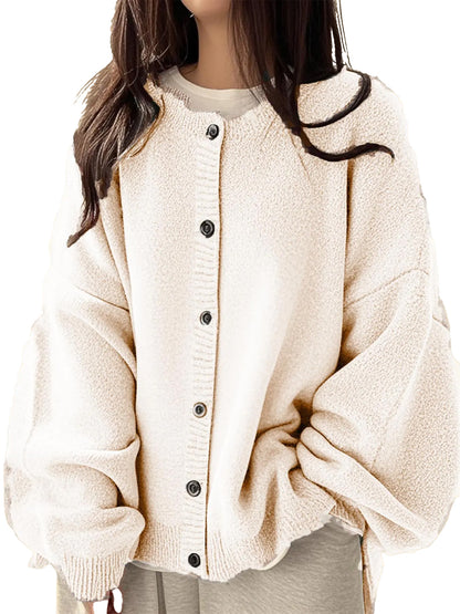 Loose Round Neck Knit Cardigan & Basic Button‑Up Lantern‑Sleeve Outer Top