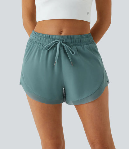 ✨Women Mid Rise Drawstring Contrast Mesh 2-in-1 Flowy Running Shorts 3''