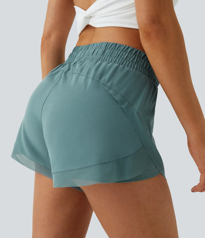 ✨Women Mid Rise Drawstring Contrast Mesh 2-in-1 Flowy Running Shorts 3''