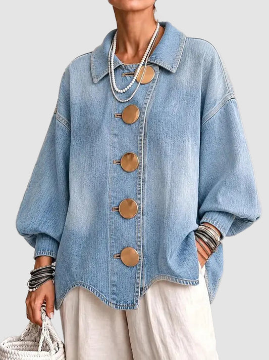 Vintage Washed Denim Coat With Large Buttons
