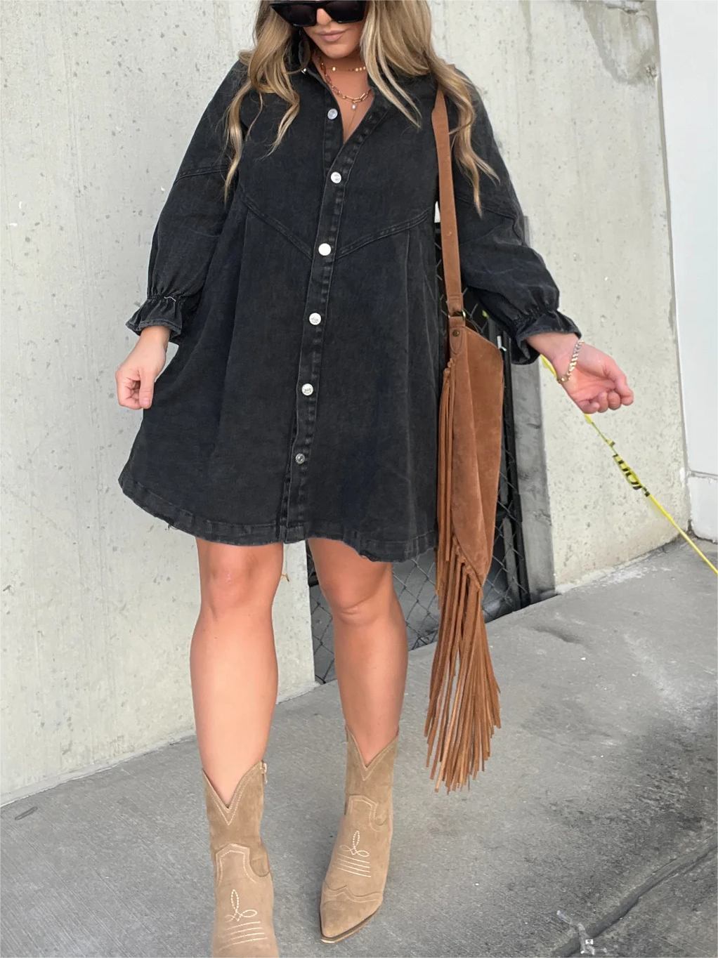 Washed Denim Puff Sleeve Dress (Buy 2 Free Shipping)