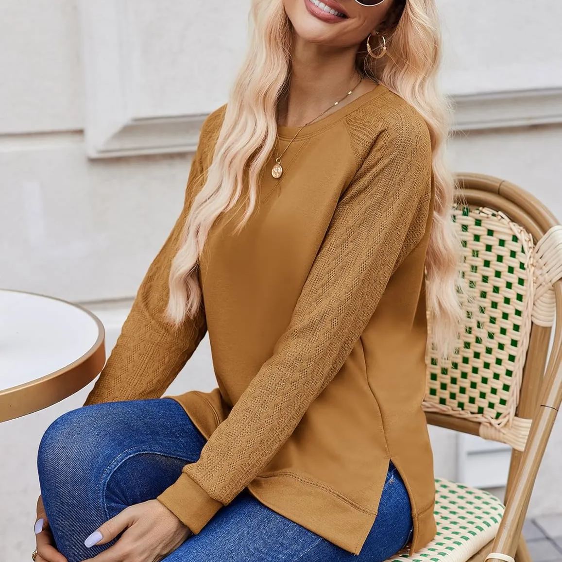 Womens  Lightweight Cable Knit Sleeve Shirts Trendy Fall Tunic Tops