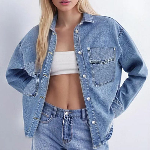 ✨Women's Solid Color Button Front Drop Shoulder Curved Hem Denim Jacket (Final Days: Big Savings!!!)