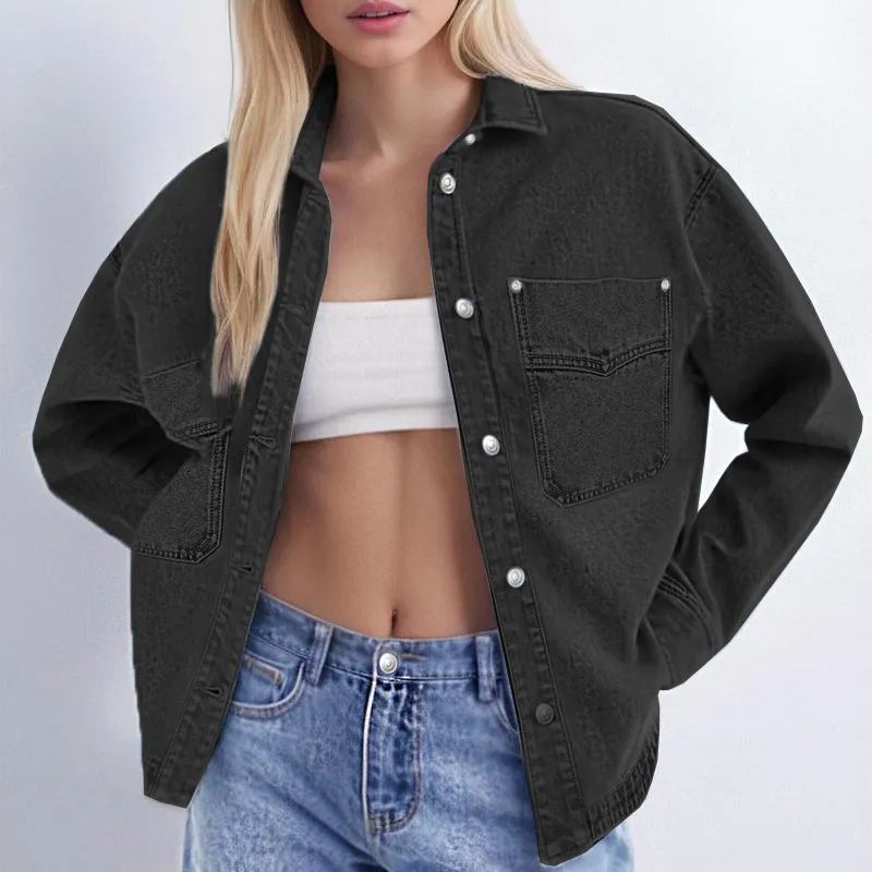✨Women's Solid Color Button Front Drop Shoulder Curved Hem Denim Jacket (Final Days: Big Savings!!!)