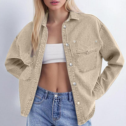 ✨Women's Solid Color Button Front Drop Shoulder Curved Hem Denim Jacket (Final Days: Big Savings!!!)