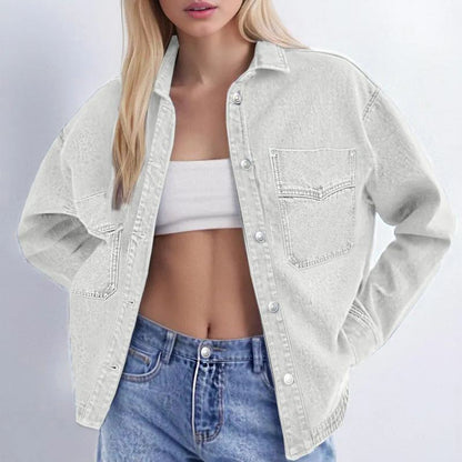 ✨Women's Solid Color Button Front Drop Shoulder Curved Hem Denim Jacket (Final Days: Big Savings!!!)
