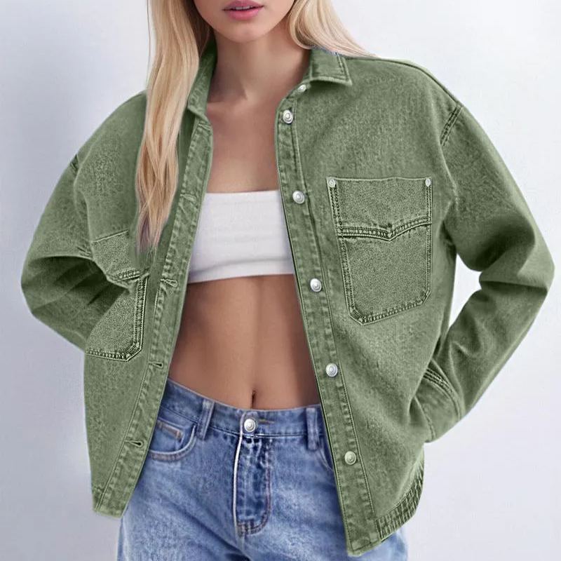 ✨Women's Solid Color Button Front Drop Shoulder Curved Hem Denim Jacket (Final Days: Big Savings!!!)