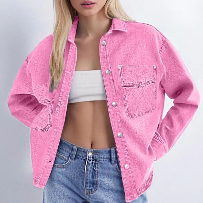 ✨Women's Solid Color Button Front Drop Shoulder Curved Hem Denim Jacket (Final Days: Big Savings!!!)