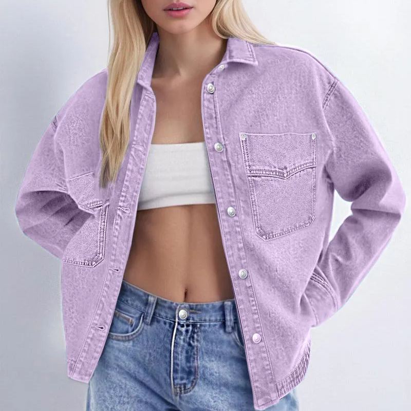 ✨Women's Solid Color Button Front Drop Shoulder Curved Hem Denim Jacket (Final Days: Big Savings!!!)