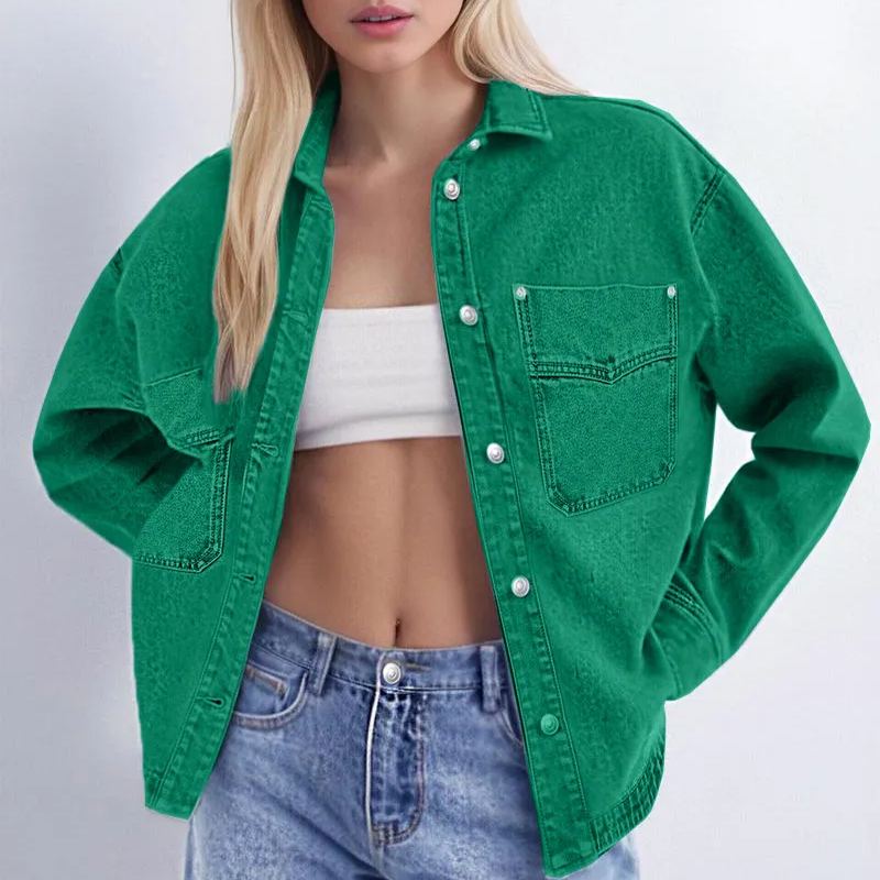 ✨Women's Solid Color Button Front Drop Shoulder Curved Hem Denim Jacket (Final Days: Big Savings!!!)