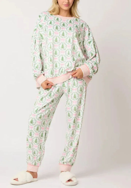 Christmas Tree Bow Satin Pajamas Set - Pink and Green