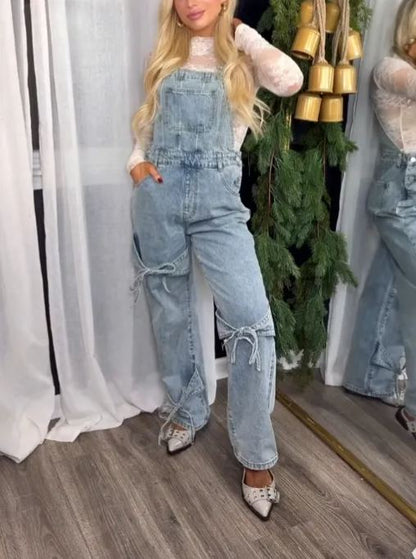 🎀Denim Bowknot Buckle Up Pocket Wide Leg Jumpsuit