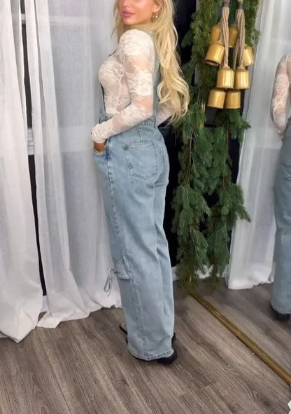 🎀Denim Bowknot Buckle Up Pocket Wide Leg Jumpsuit
