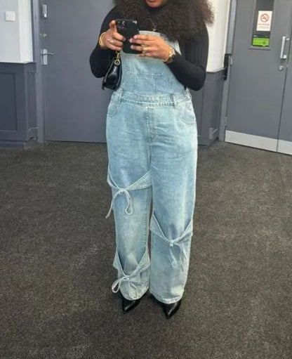 🎀Denim Bowknot Buckle Up Pocket Wide Leg Jumpsuit
