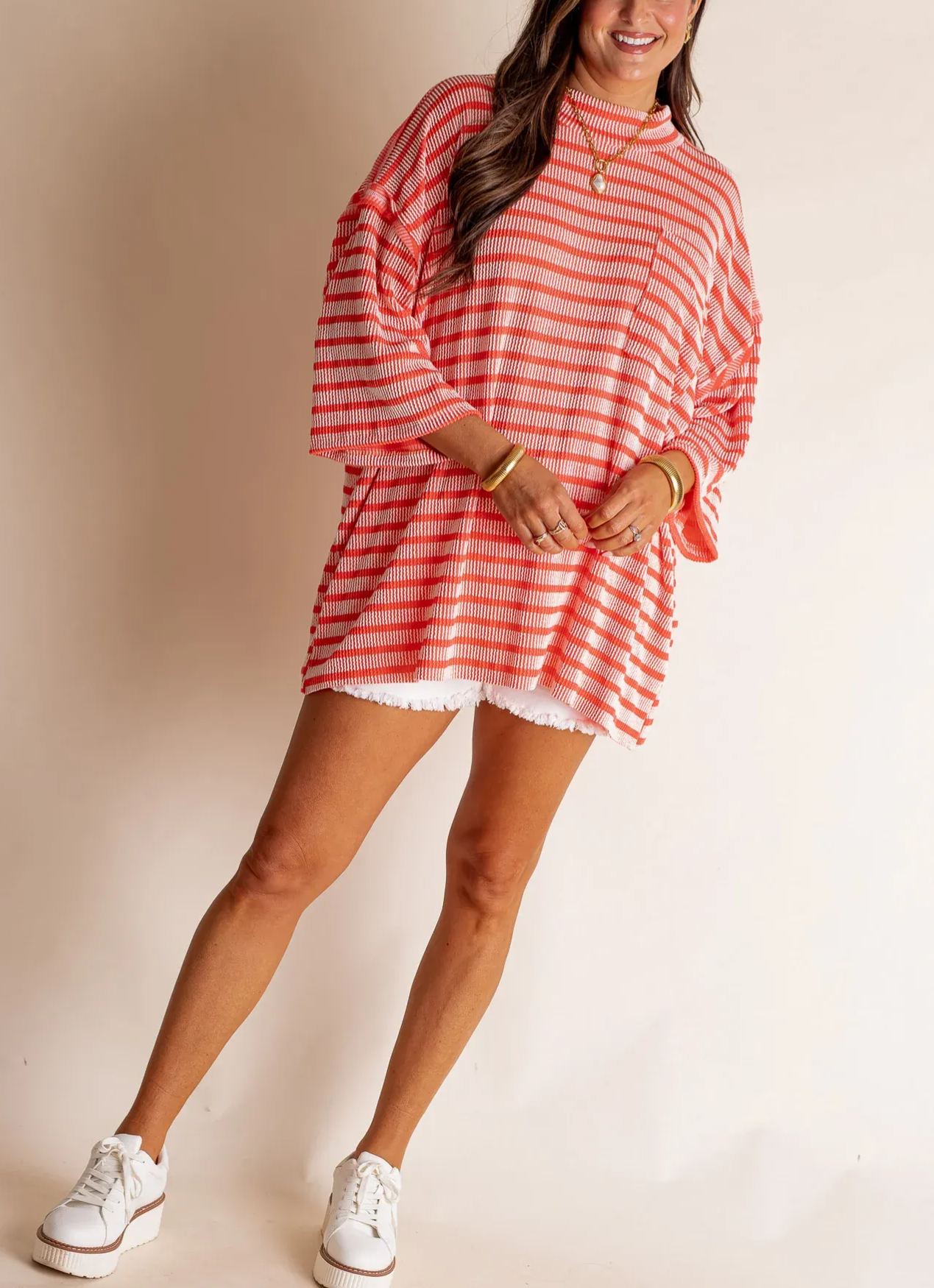 Women's 2025 Spring New Ribbed Striped Crew Neck Pocket Top