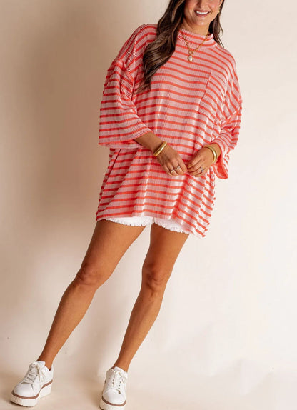 Women's 2025 Spring New Ribbed Striped Crew Neck Pocket Top