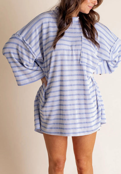 Women's 2025 Spring New Ribbed Striped Crew Neck Pocket Top