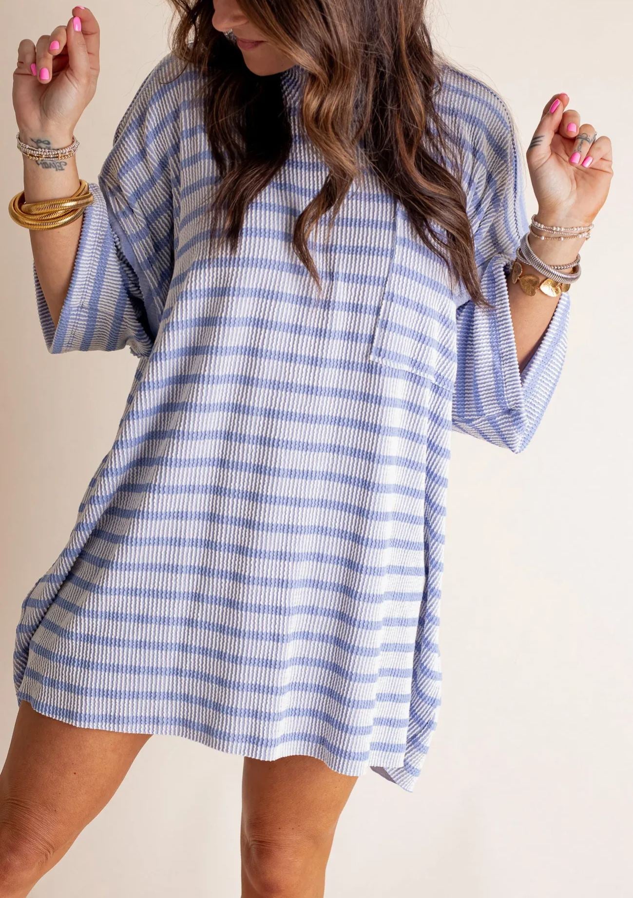 Women's 2025 Spring New Ribbed Striped Crew Neck Pocket Top