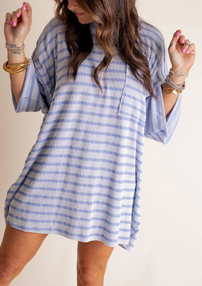 Women's 2025 Spring New Ribbed Striped Crew Neck Pocket Top