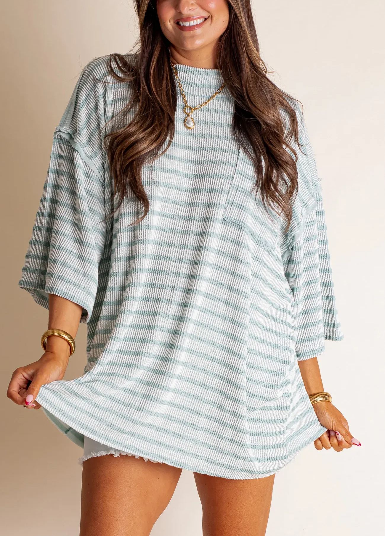 Women's 2025 Spring New Ribbed Striped Crew Neck Pocket Top