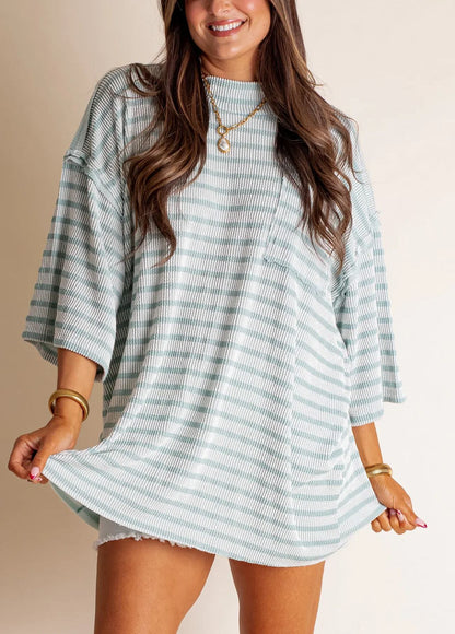 Women's 2025 Spring New Ribbed Striped Crew Neck Pocket Top