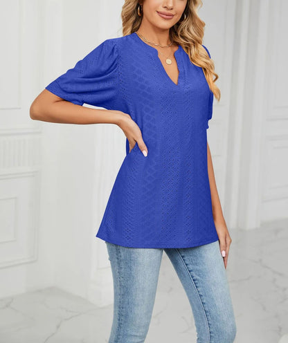 ✨Women's Loose Solid Color Hollow Bubble Short Sleeve Top