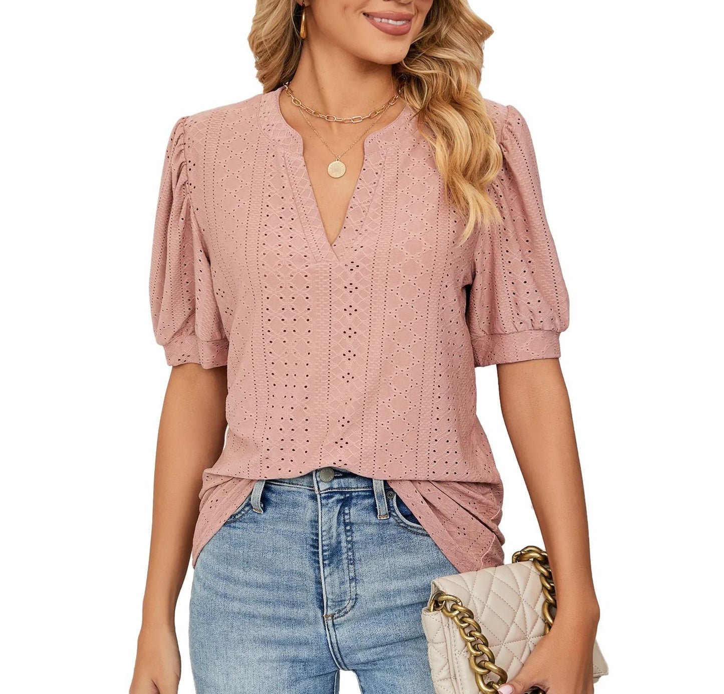 ✨Women's Loose Solid Color Hollow Bubble Short Sleeve Top