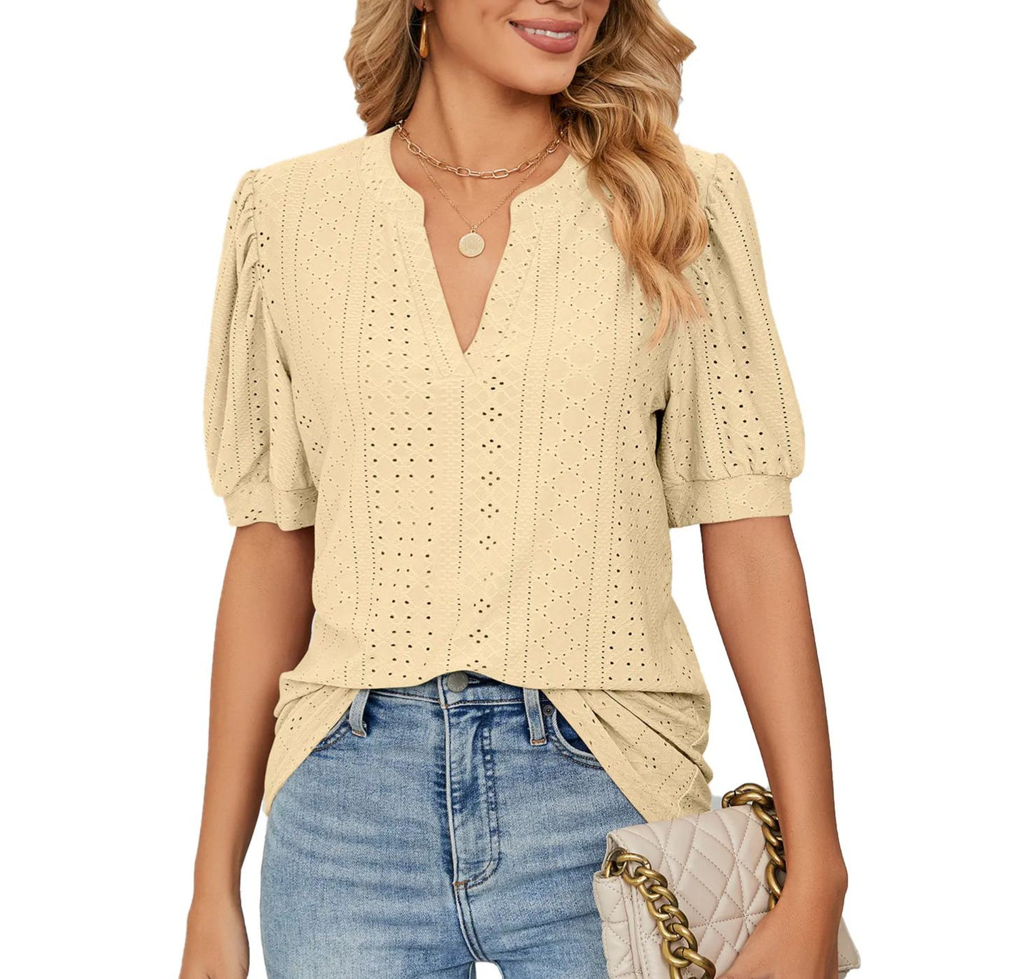✨Women's Loose Solid Color Hollow Bubble Short Sleeve Top