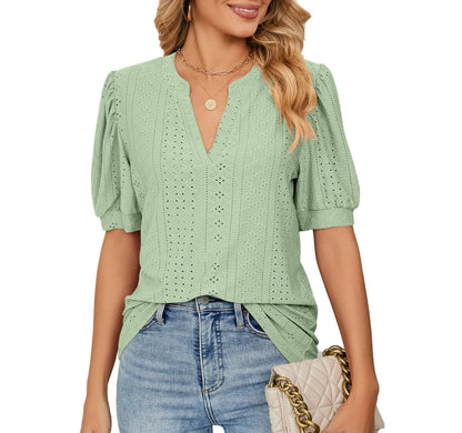 ✨Women's Loose Solid Color Hollow Bubble Short Sleeve Top