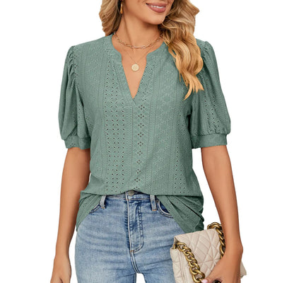 ✨Women's Loose Solid Color Hollow Bubble Short Sleeve Top