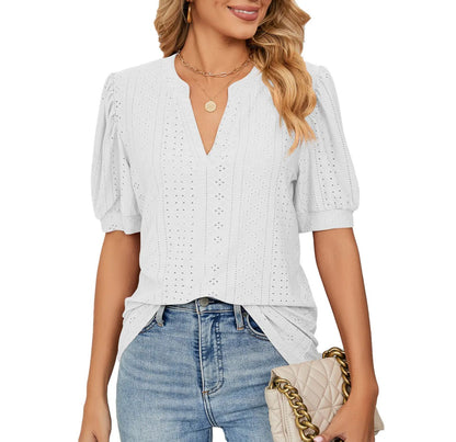 ✨Women's Loose Solid Color Hollow Bubble Short Sleeve Top